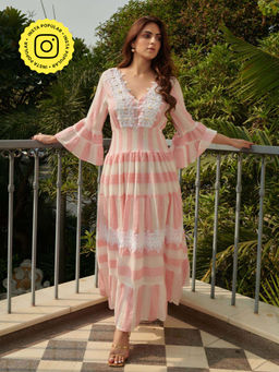CINCIN Fashion - Pink Stripe V Neck Maxi Tier Dress