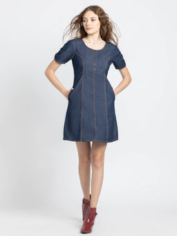SHAYE - Round Neck Blue Solid Short Sleeves Casual Dresses For Women