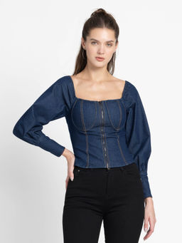 SHAYE - Square Neck Blue Solid Full Sleeves Casual Tops For Women
