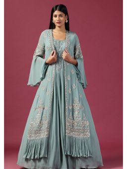 "Two Sisters" by Gyans - Sea Green Thread Work Anarkali Dress With Cape