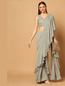 "Two Sisters" by Gyans - Grey Ruffled Draped Saree With Stitched Blouse