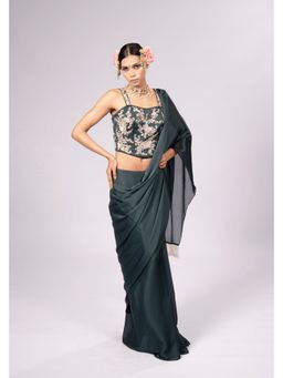 RIRASA - Aabha Green Pre Draped Saree With Embroidered Stitched Blouse