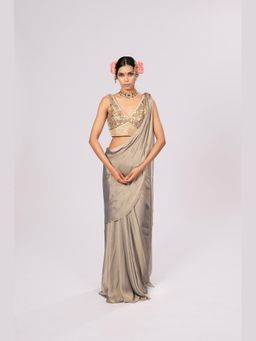 RIRASA - Raahi Olive Pre Draped Saree With Embellished Stitched Blouse