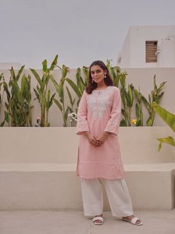 EKOHUM - Cotton Embroidered Peach Kurta with Farshi Salwar