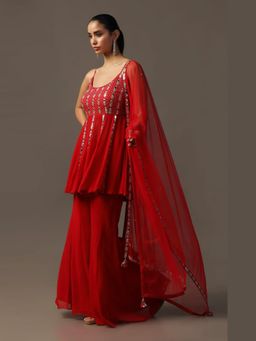 "Two Sisters" by Gyans - Red Mirrorwork Kurta With Gharara and Dupatta