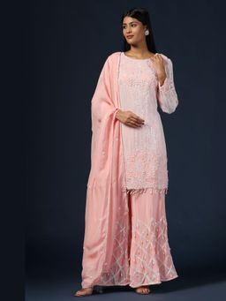 "Two Sisters" by Gyans - Pink Embroidered Kurta With Pant and Dupatta