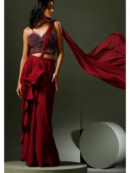 "Two Sisters" by Gyans - Maroon Drape Saree With Stitched Blouse