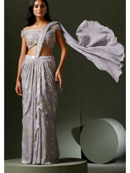 "Two Sisters" by Gyans - Lilac Foil Print Drape Saree With Stitched Blouse
