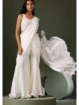 "Two Sisters" by Gyans - White Resham Garara Saree With Stitched Blouse