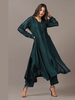 "Two Sisters" by Gyans - Teal Green Asymmetrical Kurta With Pant