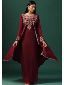 "Two Sisters" by Gyans - Maroon Cape Style Georgette A Line Dress