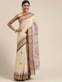 ADA - Hand Embroidered Fawn Kota Lucknow Women Chikan Saree with Unstitched Blouse A311356
