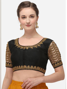 Amrutam Fab - Womens Embroidered Black Phantom Silk Stiched Blouse With Round Neck