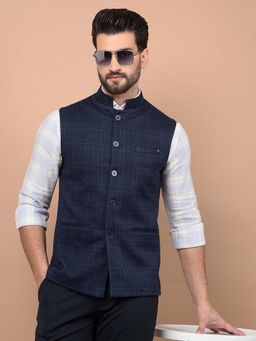 CRIMSOUNE CLUB - Men Blue Checked Waist Coat