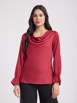 FableStreet - Silk Cowl Neck Top - Maroon