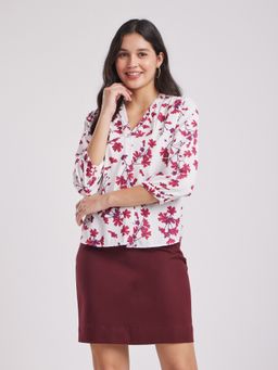 FableStreet - White and Maroon Floral Printed Pleated Top