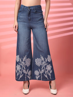 COSMIC TRIO - Blue Embroidered Floral Wide-Leg Denim Jeans