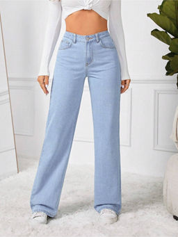 Fnocks - Women High-Waisted Blue Jeans Wide-Leg Denim Blue Jeans