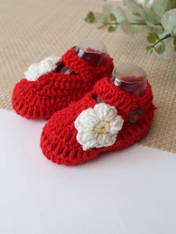 Woonie - Cotton Bamboo Floral Applique Summer Booties - Red
