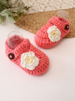 Woonie - Cotton Bamboo Floral Applique Detailed Summer Booties - Peach
