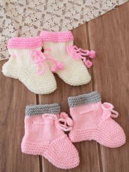 Woonie - Handknitted Socks Self Design - Cream and Pink (Pack of 2)