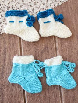 Woonie - Handknitted Socks Self Design - Cream and Light Blue (Pack of 2)