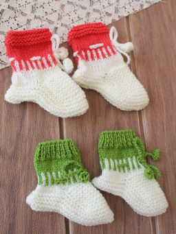 Woonie - Handknitted Socks Self Design - Cream and Green (Pack of 2)