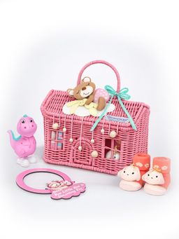 Little Surprise Box - 19 pcs Pink Teddy Cane Basket Newborn Girl Gift Hamper