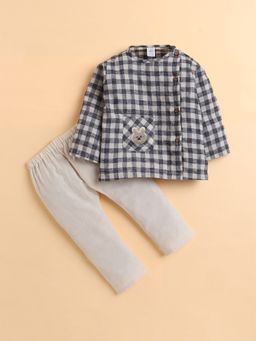 Polka Tots - Cotton Linen Checks Full Sleeve Jabla Pant - Black