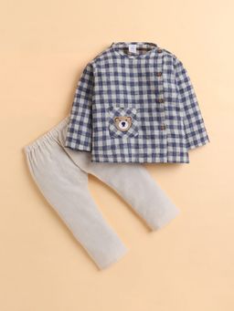 Polka Tots - Cotton Linen Checks Full Sleeve Jabla Pant - Blue