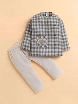 Polka Tots - Cotton Linen Checks Full Sleeve Jabla Pant - Grey