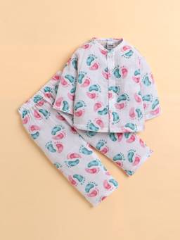 Polka Tots - Muslin Cotton Tiny Feet Print Full Sleeve Jabla Pant - White