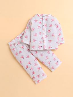 Polka Tots - Muslin Cotton Flamingo Print Full Sleeve Jabla Pant - White
