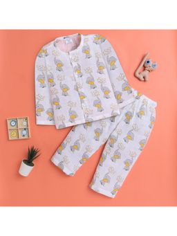 Polka Tots - Muslin Cotton Elephant Print Full Sleeve Jabla Pant - White