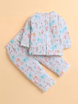 Polka Tots - Muslin Cotton Bear Print Full Sleeve Jabla Pant - White