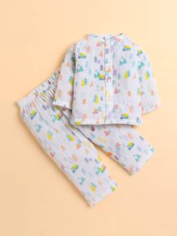 Polka Tots - Muslin Cotton Tiny Town Print Full Sleeve Jabla Pant - White