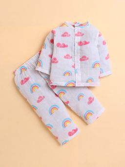 Polka Tots - Muslin Cotton Rainbow Print Full Sleeve Jabla Pant - White