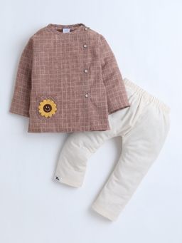 Polka Tots - Cotton Square Print Full Sleeve Jabla Pant - Brown