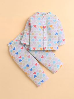 Polka Tots - Muslin Cotton Heart Print Full Sleeve Jabla Pant - White