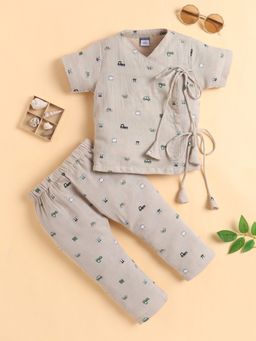 Polka Tots - Cotton Vehicle Print Half Sleeve Jabla Pant - Beige