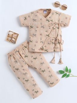Polka Tots - Cotton Animal Print Half Sleeve Jabla Pant - Brown