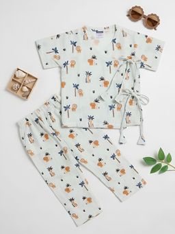 Polka Tots - Cotton Animal Print Half Sleeve Jabla Pant - Grey