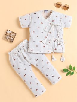 Polka Tots - Cotton Vehicle Print Half Sleeve Jabla Pant - Off White