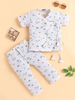 Polka Tots - Cotton Animal Print Half Sleeve Jabla Pant - Off White