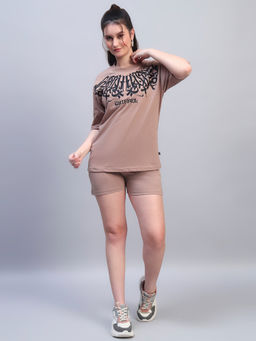 Griffel - Beige Round Neck Graphic Oversized T-Shirt