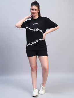 Griffel - Black Round Neck Graphic Oversized T-Shirt