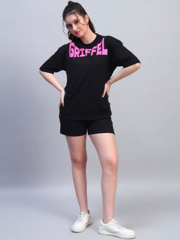 Griffel - Black Round Neck Graphic Oversized T-Shirt