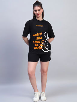 Griffel - Black Round Neck Graphic Oversized T-Shirt