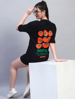 Griffel - Black Round Neck Graphic Oversized T-Shirt
