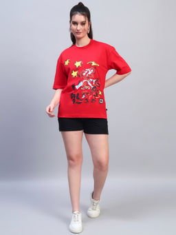 Griffel - Red Round Neck Graphic Oversized T-Shirt